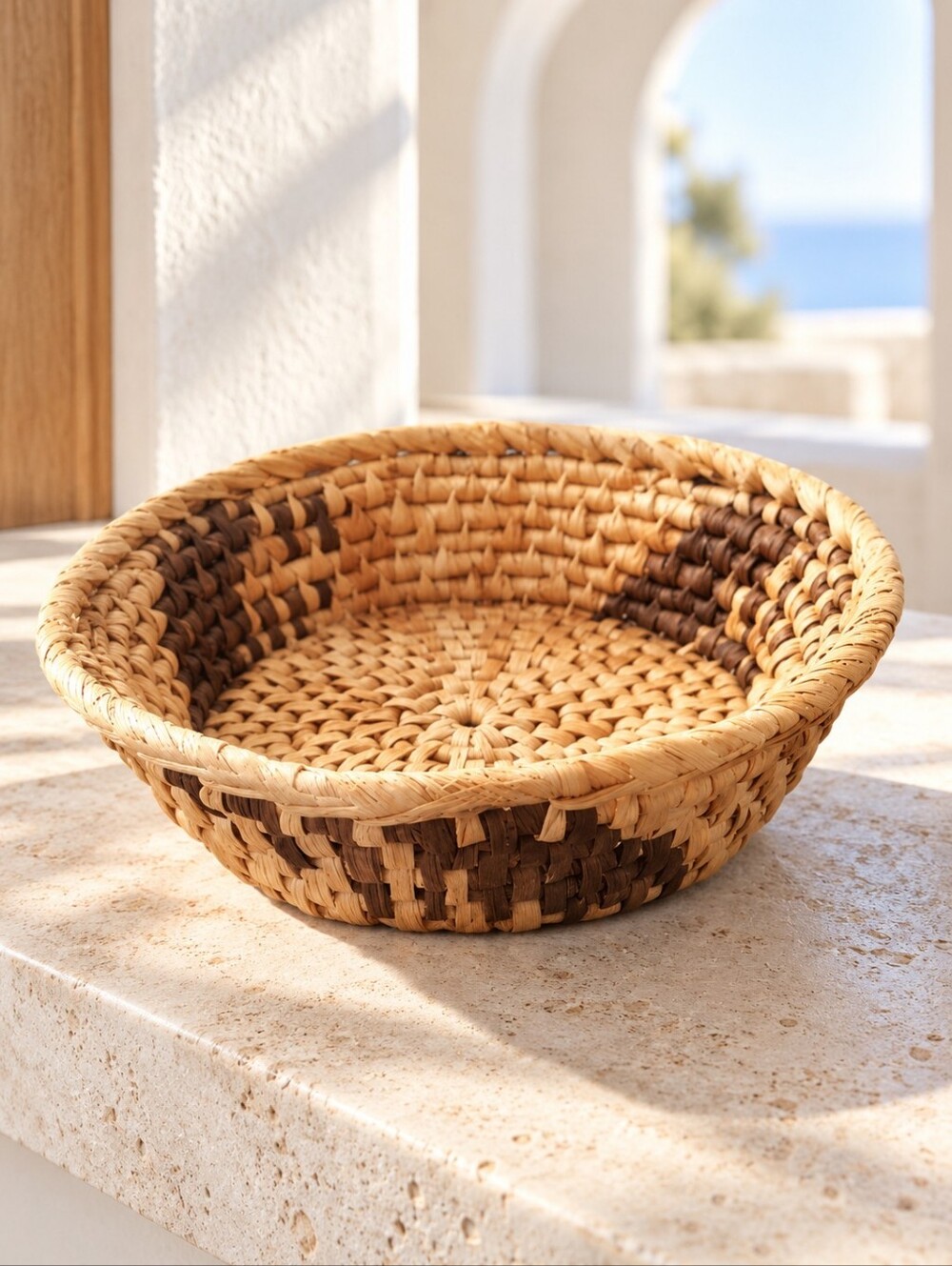 Handwoven Natural Fiber Basket Two Tone Brown Tan Catchall Bowl 8" Artisan
